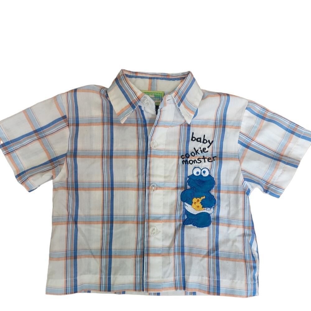 VINTAGE SESEME BEGINNINGS COOKIE MONSTER PLAID SHIRT SIZE 6/9MTHS